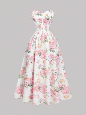 SHEIN White Strapless Midi Dress with Pink Rose Floral Print